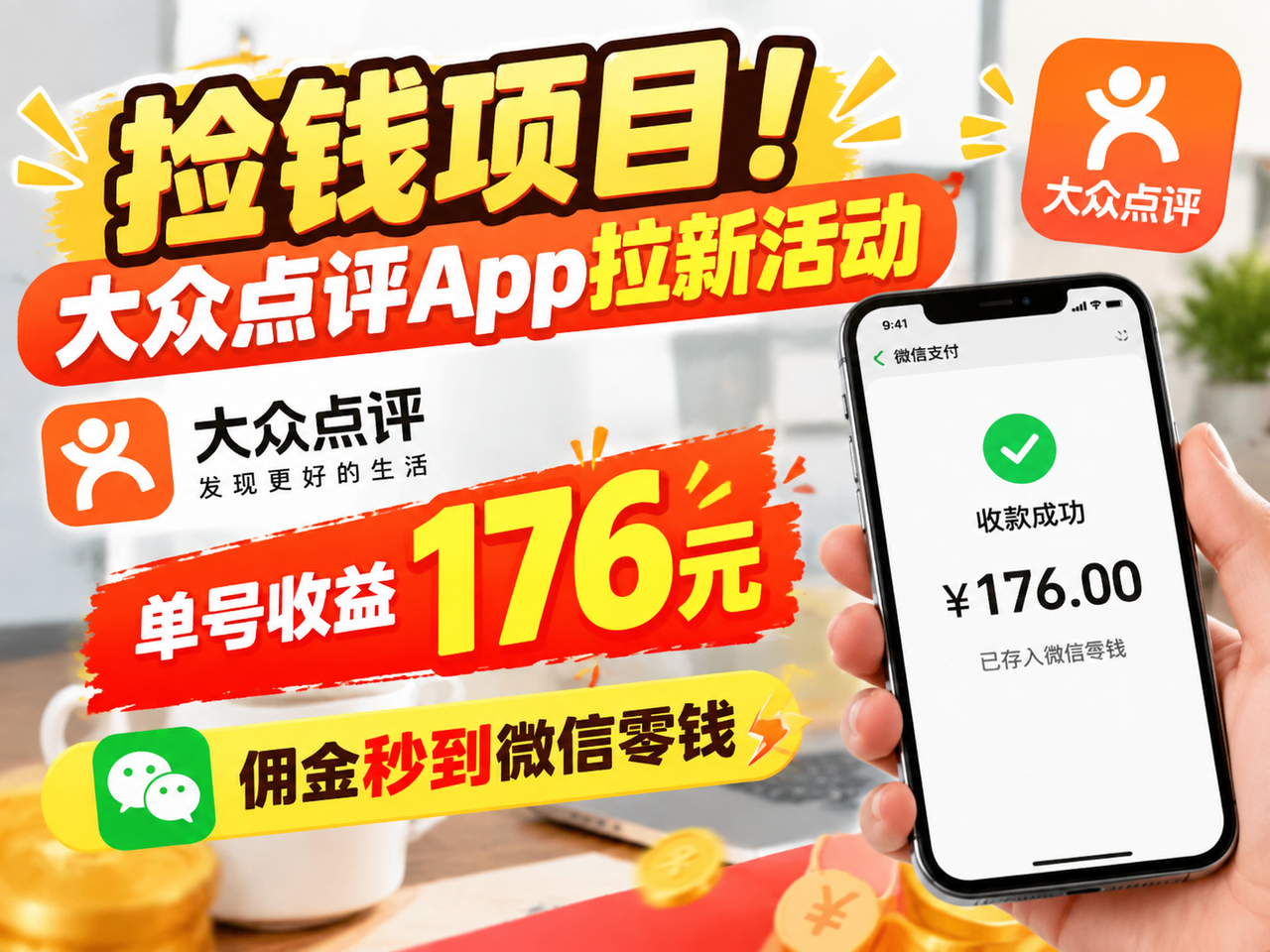 捡钱项目！大众点评App拉新活动，单号收益176元，佣金秒到微信零钱